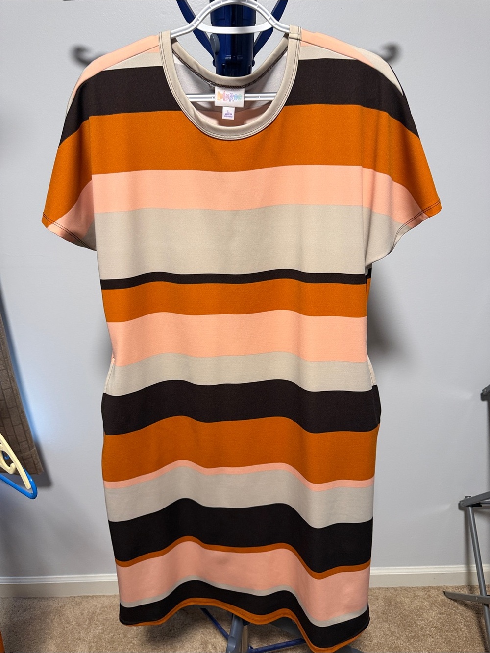 LuLaRoe Striped Shift Dress in Orange, Peach, Cream & Brown